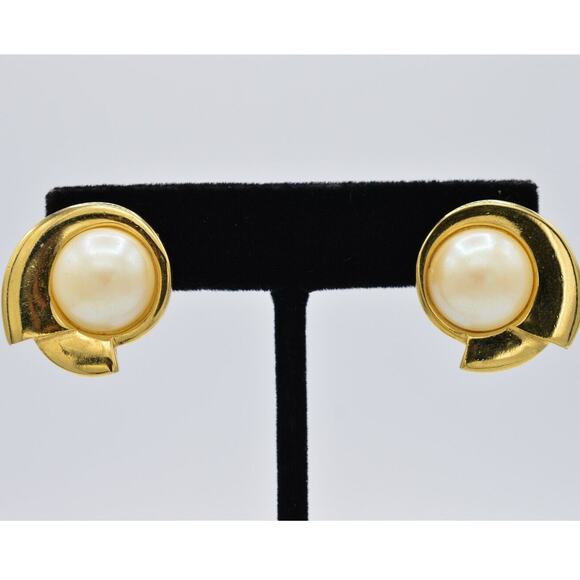 Givenchy Vintage Pearl Earrings Shiny Gold Abstract Shell Signed 1980s BinAE - Picture 1 of 10